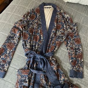 Peruvian Connection burgundy, navy, and cream floral Pima cotton robe/kimono